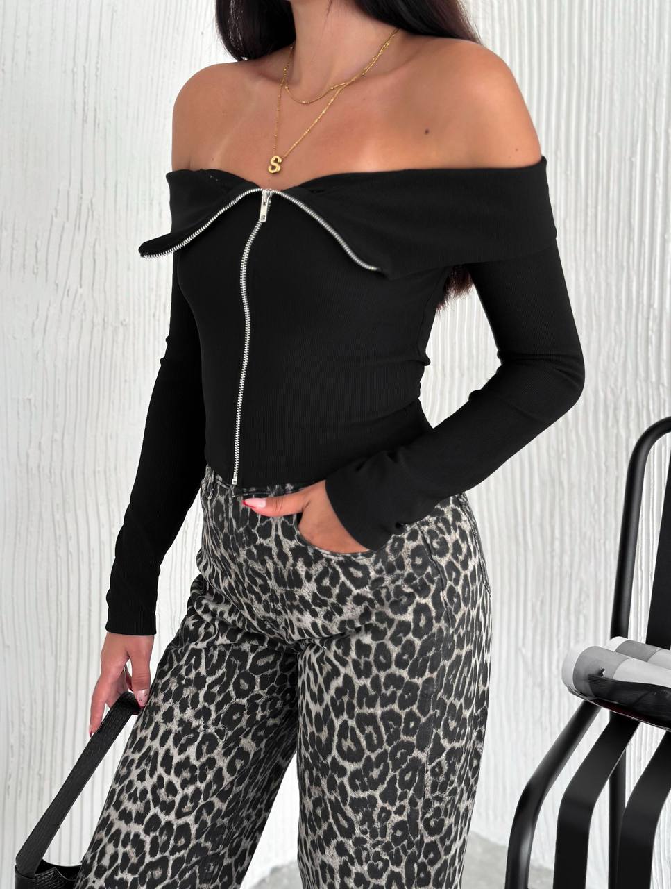 Black Zipper Off Shoulder Top