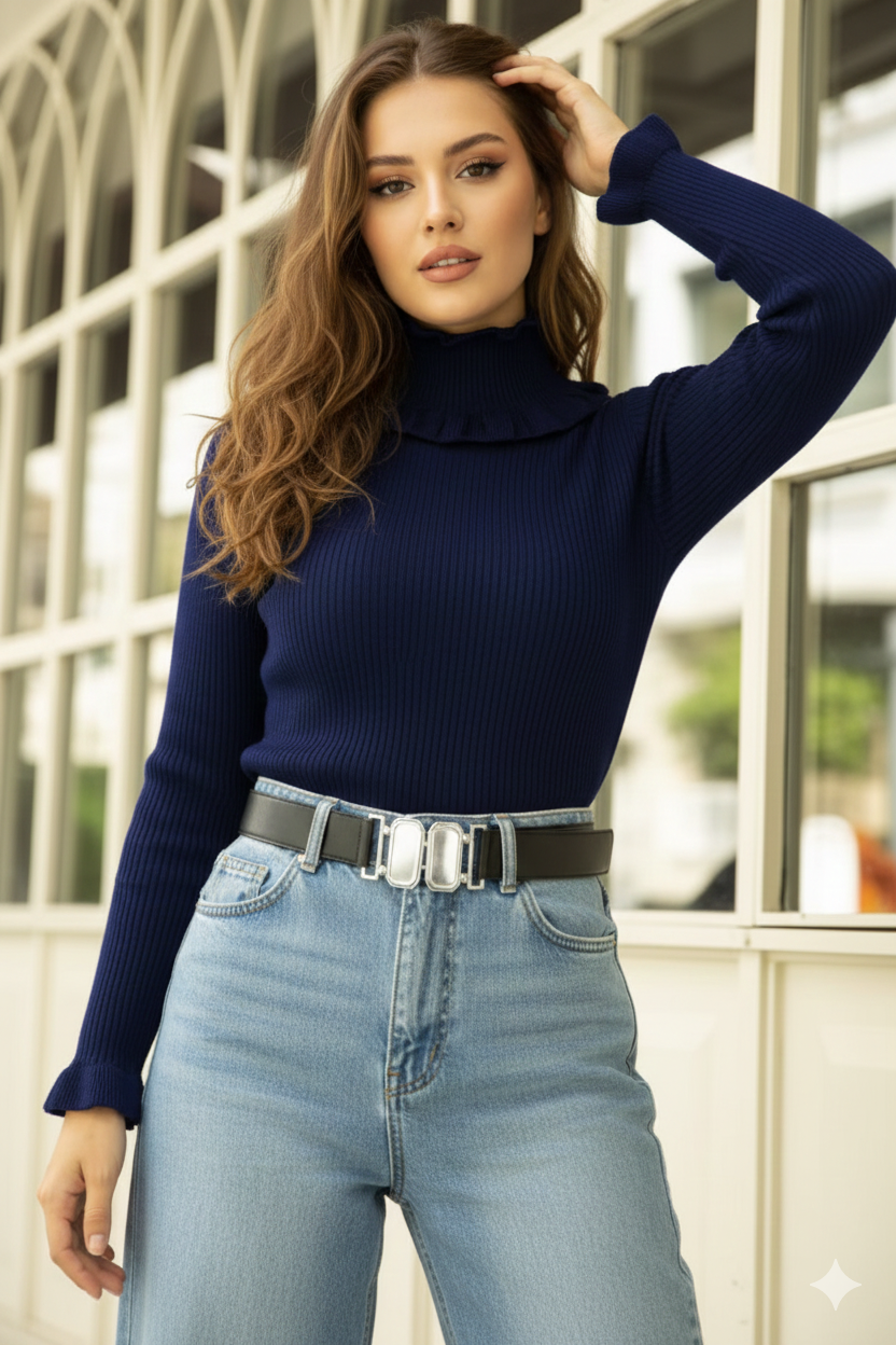 Navy Turtleneck Top