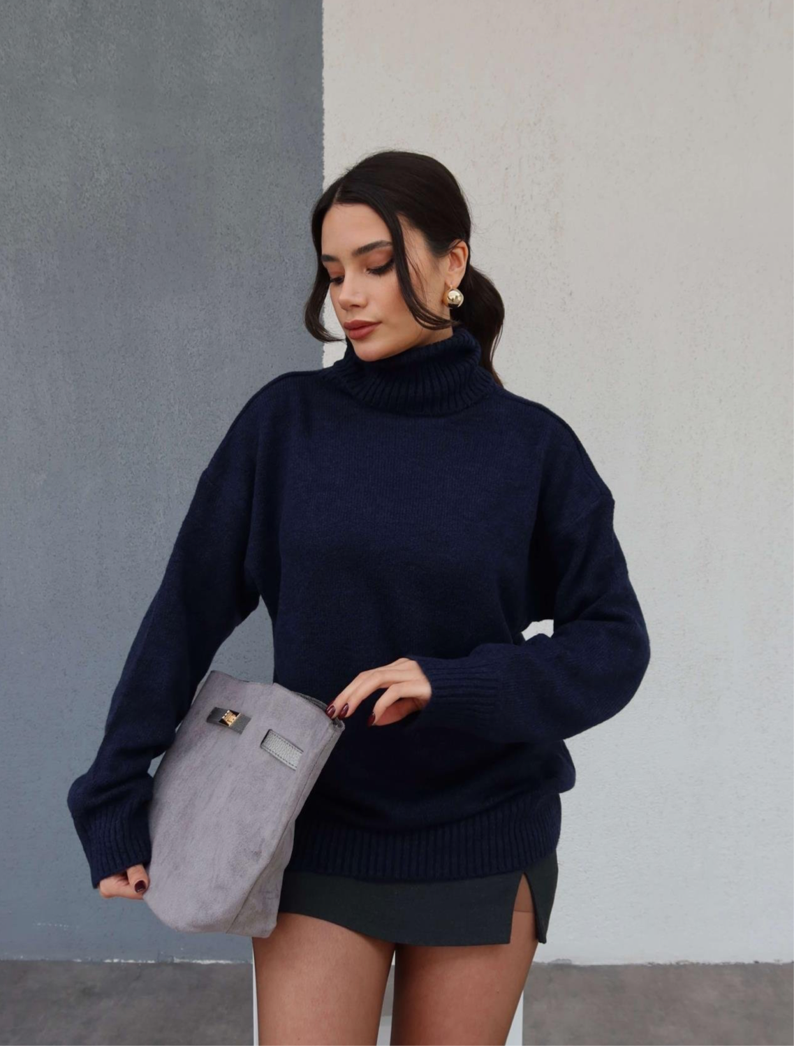 Navy Wool Turtleneck Top