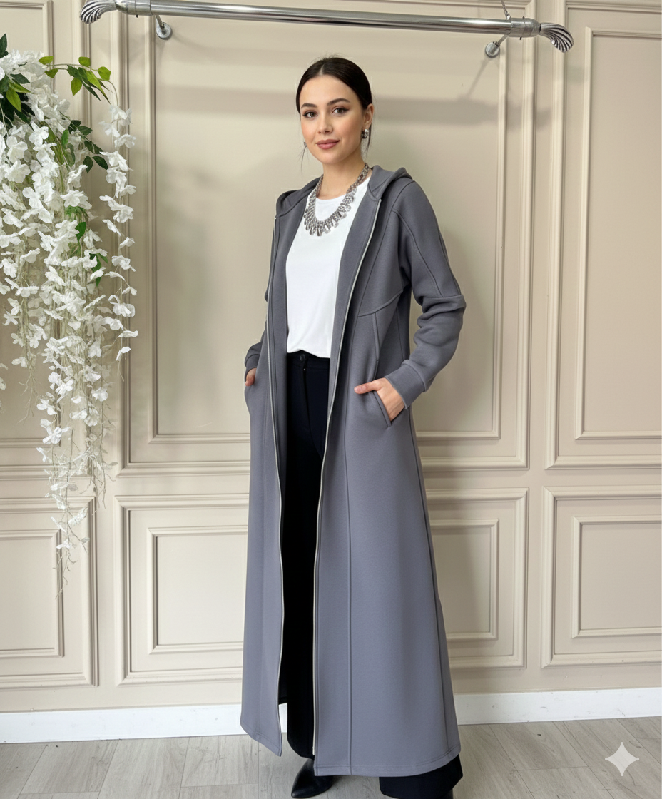 Grey Long Zippered Hoodie