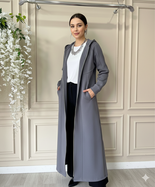 Grey Long Zippered Hoodie