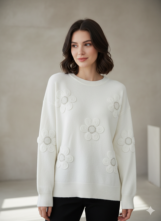 White flower detailed wool top