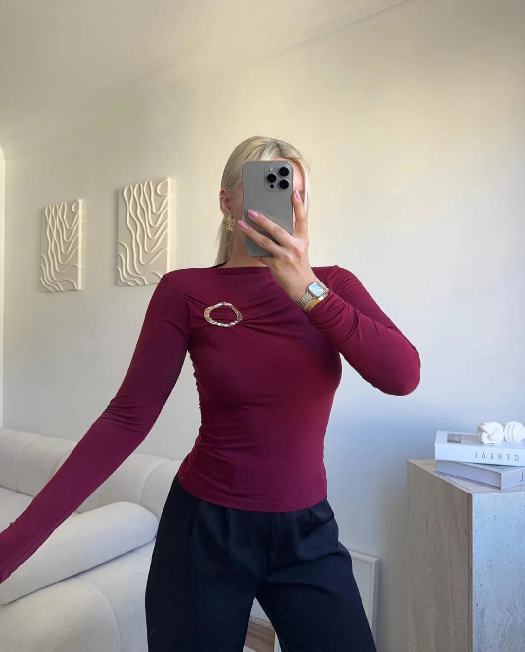 Burgundy Gold Brooch Top