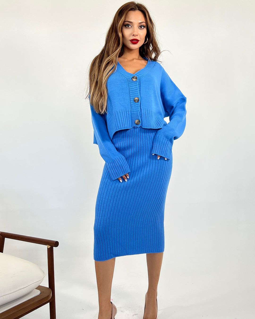 Blue Buttoned Cardigan Skirt Set