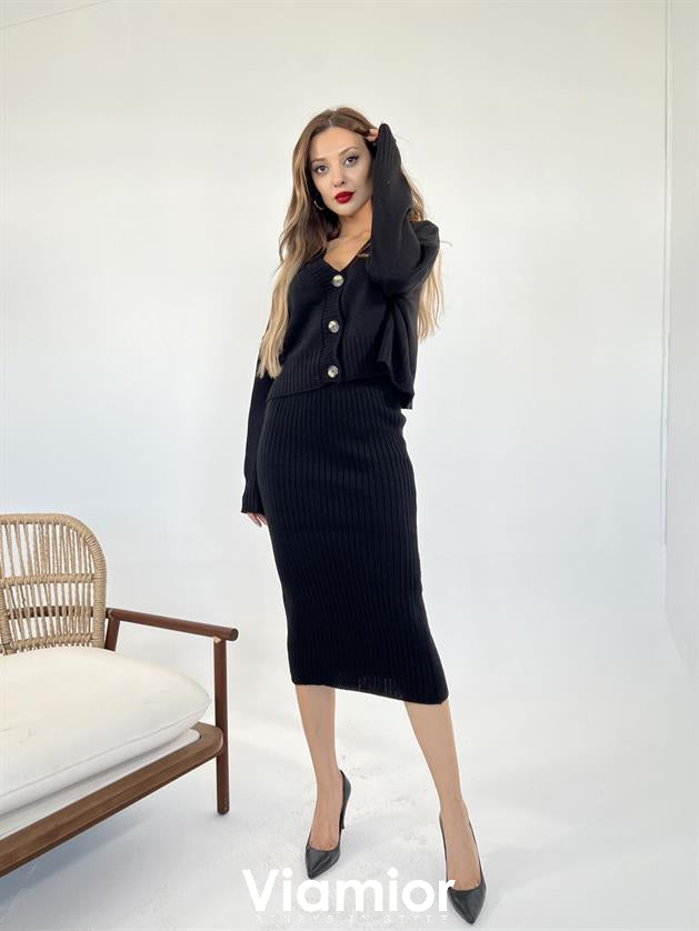 Black Buttoned Cardigan Skirt Set